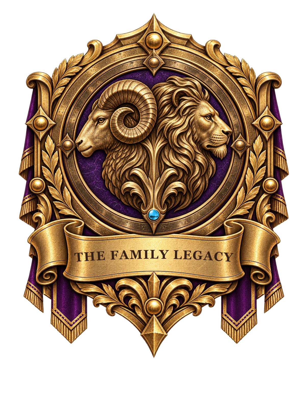 Approved The Family Legacy regal gold and purple shield — outward-facing ram and lion, polished blue example stone, and title ribbon