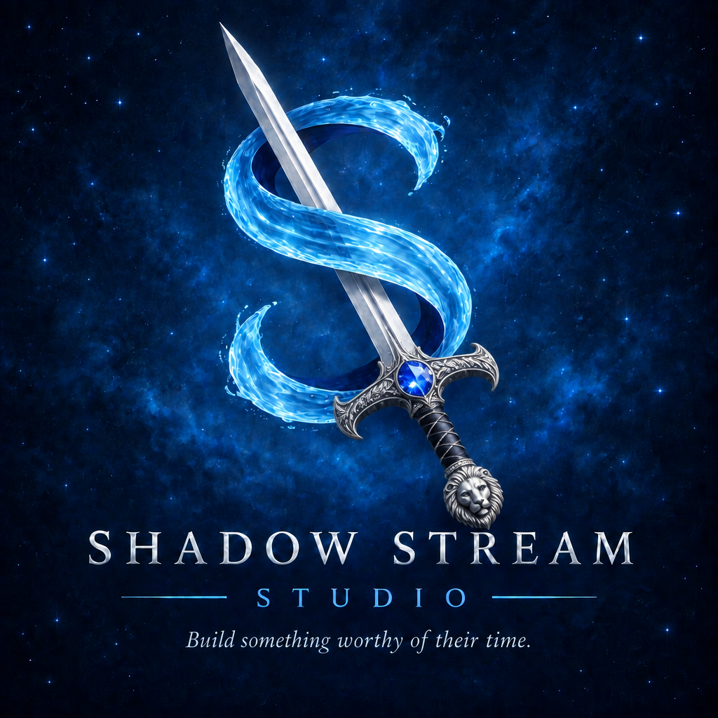 Shadow Stream Studio — silver sword and luminous blue stream forming an S. Motto: Build something worthy of their time.