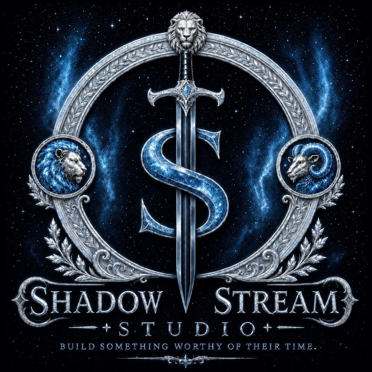 Shadow Stream Studio emblem: a silver lion and ram framing a sword and icy-blue S beneath a star-filled sky